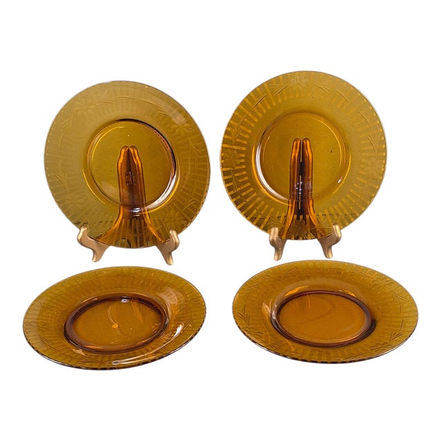 Vintage Depression Glass Amber Wheel Cut Floral Dishes - Set of Four For Sale - Image 11 of 11