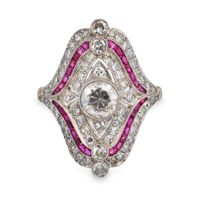 Contemporary 1920s Art Deco Style 1.75 Carat Diamond Ruby Platinum Ring, Size 7.75 For Sale - Image 3 of 6