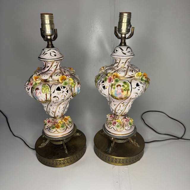 Italian Capodimonte Cherub and Floral Table Lamps- A Pair For Sale - Image 12 of 12