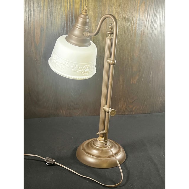 Vintage Brass Adjustable Table Lamp With Frosted White Glass Shade For Sale In Los Angeles - Image 6 of 11