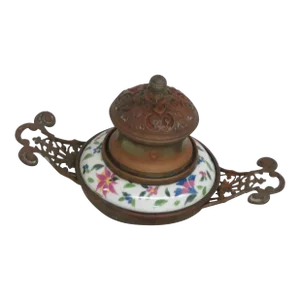 Victorian Early 1900s Inkwell Brass and Copper Finish With Porcelain