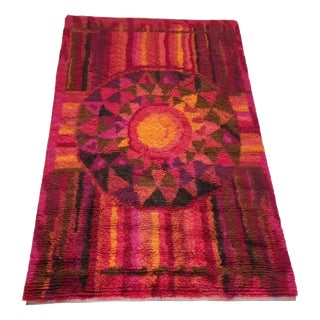 Mid-Century Modern Handmade Rya Rug with Sunburst in Wool, Denmark, 1970s For Sale