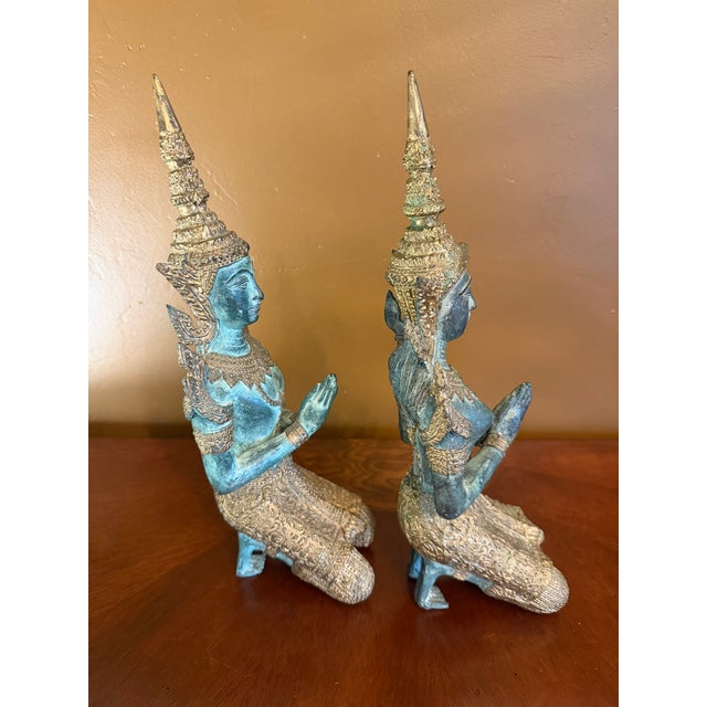 Tibetan Guardian Angel Theppanom Statues Bronze / Gold Gilt 13" - ca.1960 - A Pair For Sale - Image 4 of 15