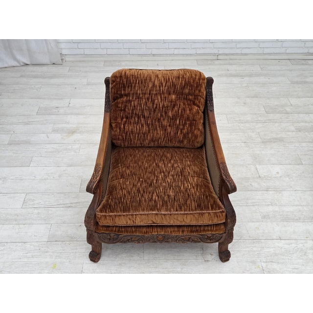 Danish Armchair in Velour and Carved Ash, 1930s For Sale - Image 6 of 18