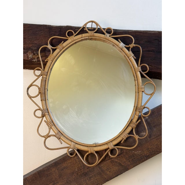 Wood Vintage French Oval Rattan Mirror, 1950s For Sale - Image 7 of 11