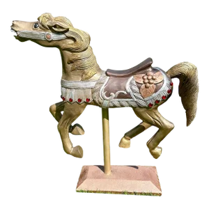 Mid 20th Century Carved Wooden Carousel Horse, Painted in Metallics, With Original Wooden Base and Metal Pole