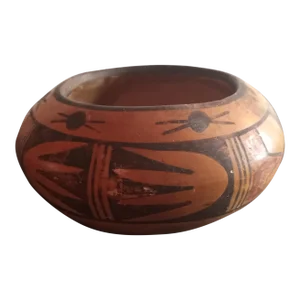 1940s Hopi Sgraffito Kachina Pattern Redware Ceramic Squat Bowl