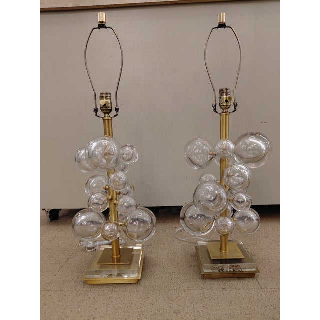 2000 - 2009 Mid Century Modern Glass and Brass Bubble Lamps With Double Drum Shades For Sale - Image 5 of 8