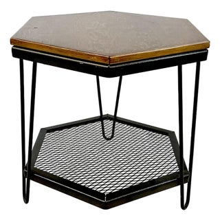 Mid-Century Boho Chic Industrial Metal & Pine Hexagonal Side Table For Sale
