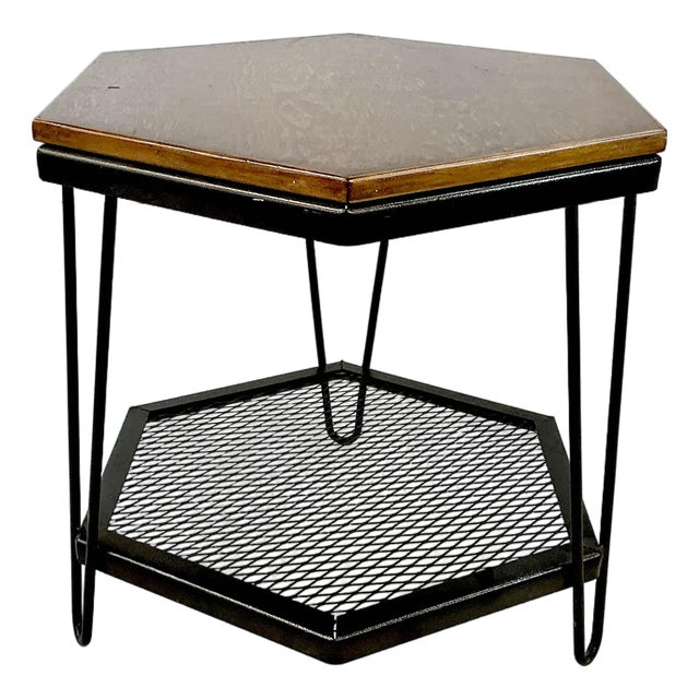 Mid-Century Boho Chic Industrial Metal & Pine Hexagonal Side Table. For Sale