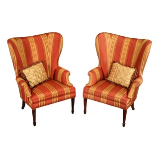 Custom Quality Pair Of Mahogany Fanback Wing Chairs For Sale