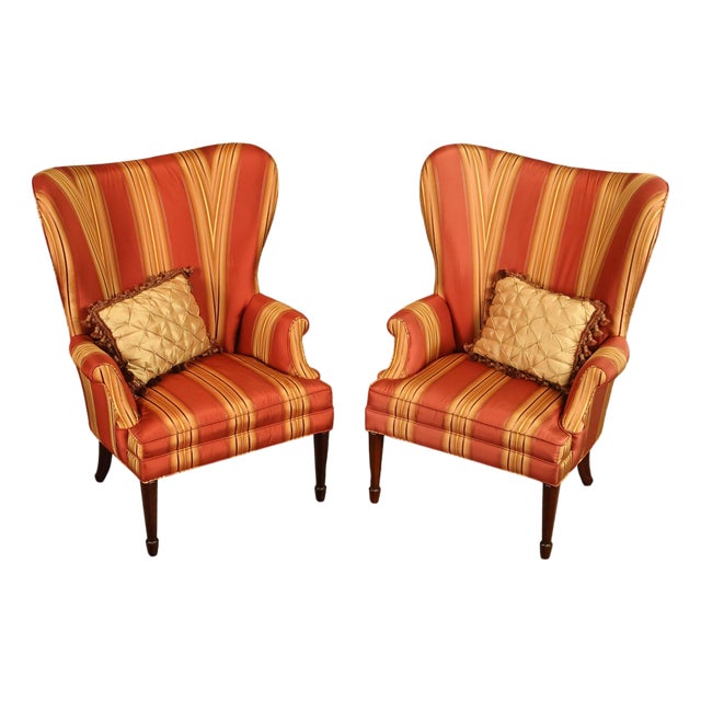 Custom Quality Pair Of Mahogany Fanback Wing Chairs For Sale