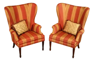 Custom Quality Pair Of Mahogany Fanback Wing Chairs