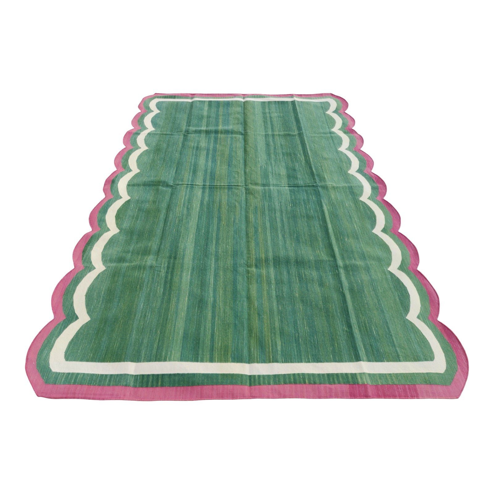 Cotton Vegetable Dyed Scalloped Edge Rug Green With Cream and Raspberry ...