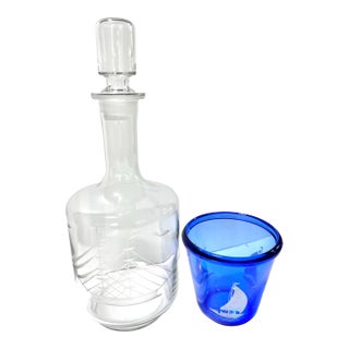 Vintage Etched Sailing Ship Glass Decanter With Cobalt Nautical Bar Bowl For Sale
