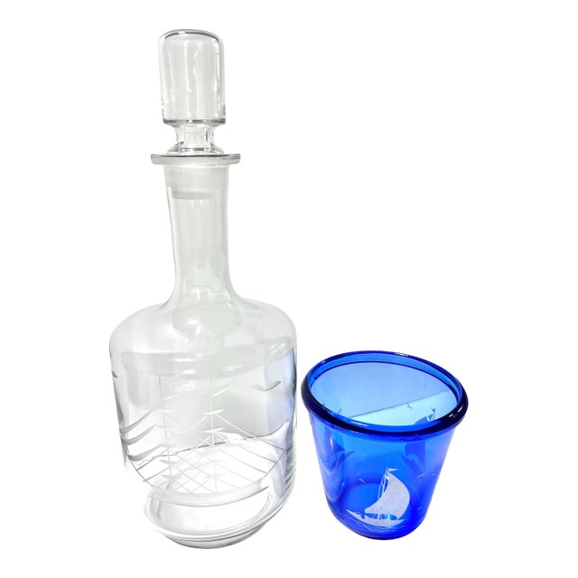 Vintage Etched Sailing Ship Glass Decanter With Cobalt Nautical Bar Bowl For Sale
