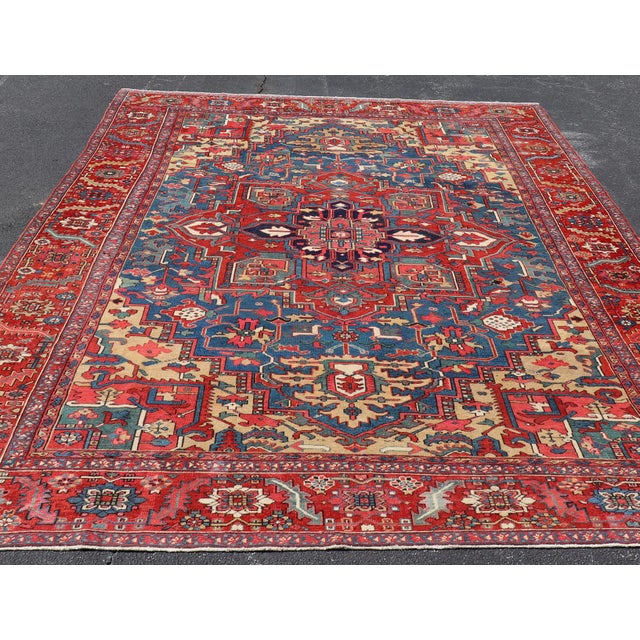 Antique Persian Heriz Serapi Rug With Blue Field Geometric Medallion Design For Sale - Image 10 of 17