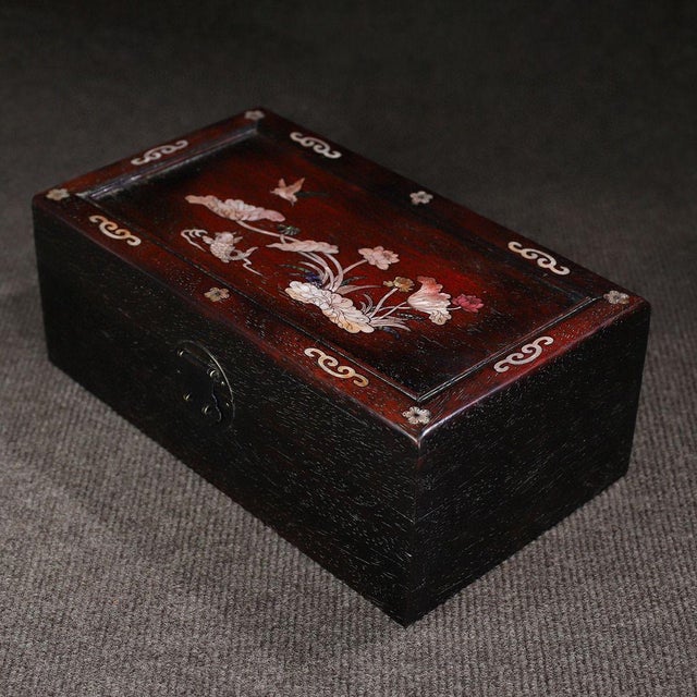 This is a magnificent vintage Chinese hardwood box (likely Zitan or high-quality Rosewood), featuring exquisite Mother-of-...