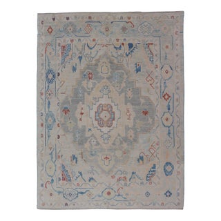Modern Oushak Turkish Rug With All Over Design in Light Blue Ivory & Red For Sale