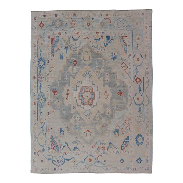 Modern Oushak Turkish Rug With All Over Design in Light Blue Ivory & Red For Sale