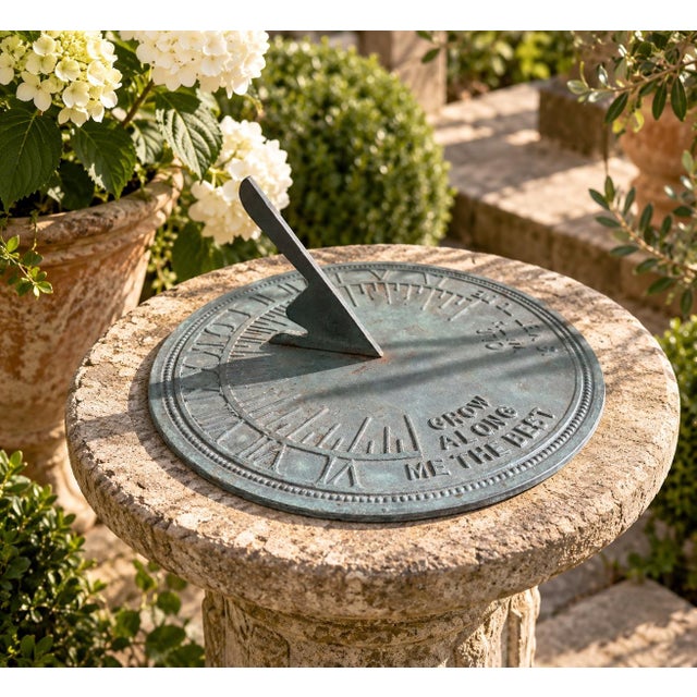 A classic vintage iron verdigris garden sundial inspired by traditional English estate landscapes, reading "Grow old along...