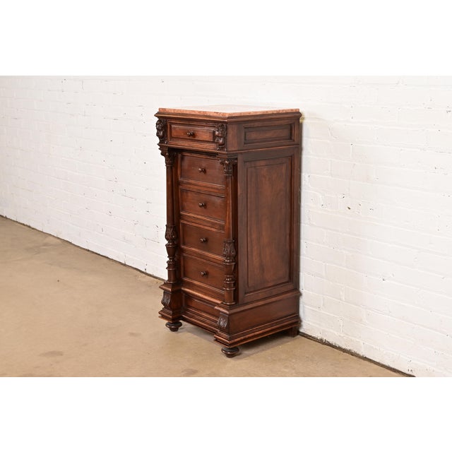 Baroque Antique Italian Renaissance Revival Carved Walnut and Marble Top Bedside Chest, Circa 1880s For Sale - Image 3 of 12