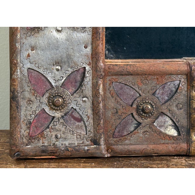 Vintage Spanish Colonial Style Patchwork Cut Metal Wall Mirror With Moorish Motif Frame For Sale - Image 4 of 8