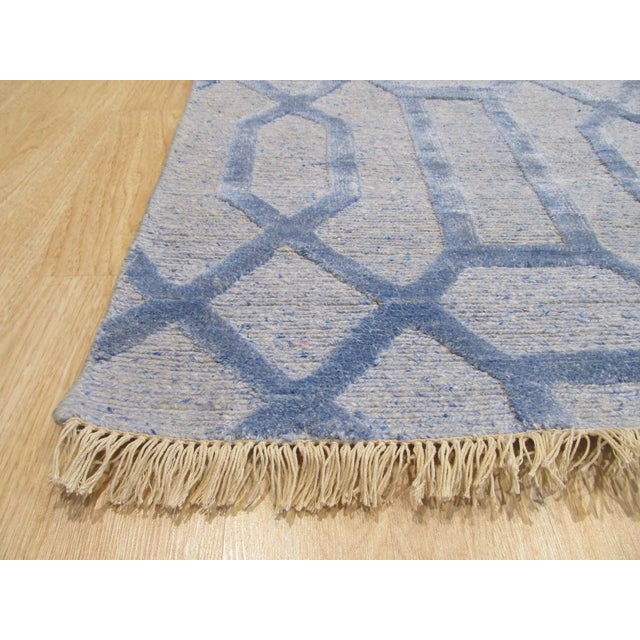 2010s 6x9 Classic Lush Blue Hand Knotted Wool & Viscose Interlocking Trellis Geometric Carpet Rug For Sale - Image 5 of 6