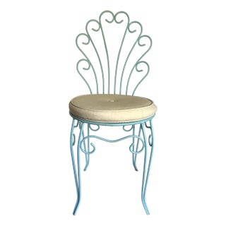 Vintage Aqua Wrought Iron Vanity Chair With Shell-Shaped Scroll Back & Cushion For Sale