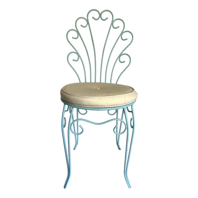 Vintage Aqua Wrought Iron Vanity Chair With Shell-Shaped Scroll Back & Cushion For Sale