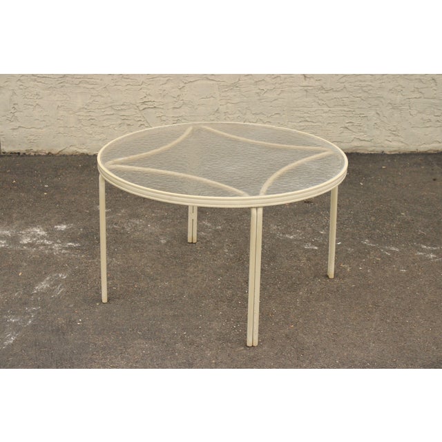 High Quality Vintage Cream Painted Aluminum Framed Round Outdoor Patio Dining Table with Glass Top, Possibly By Brown...