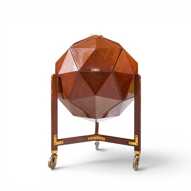 M. Vuillermoz for Dambrine Mid Century French Mahogany and Brass Polyhedron Bar Cabinet This bar cabinet measures: 23.5...