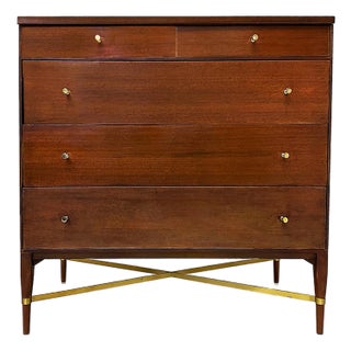Paul McCobb Calvin Mid-Century 5-Drawer Chest, Brass Stretcher, Labeled For Sale