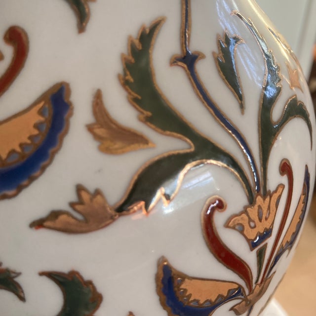 Ceramic Vintage Iznik Pattern Ceramic Chinoiserie Lamp on Carved Wood Base With Gold Shade For Sale - Image 7 of 12