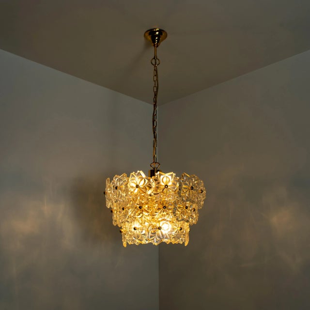 Metal Glass and Brass Floral 3-Tier Light Fixture from Hillebrand, 1970s For Sale - Image 7 of 15