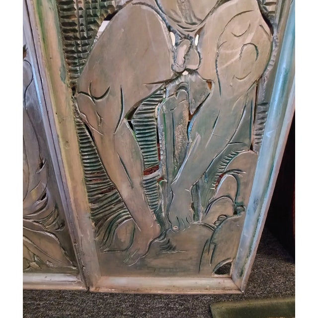 Green 1960s Robert Lohman Art Deco Carved Masonite Adam and Eve 3-Panel Floor Screen For Sale - Image 8 of 10