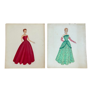 1950’s Pair of Hand Painted Fashion Illustrations Women in Red and Green Dresses