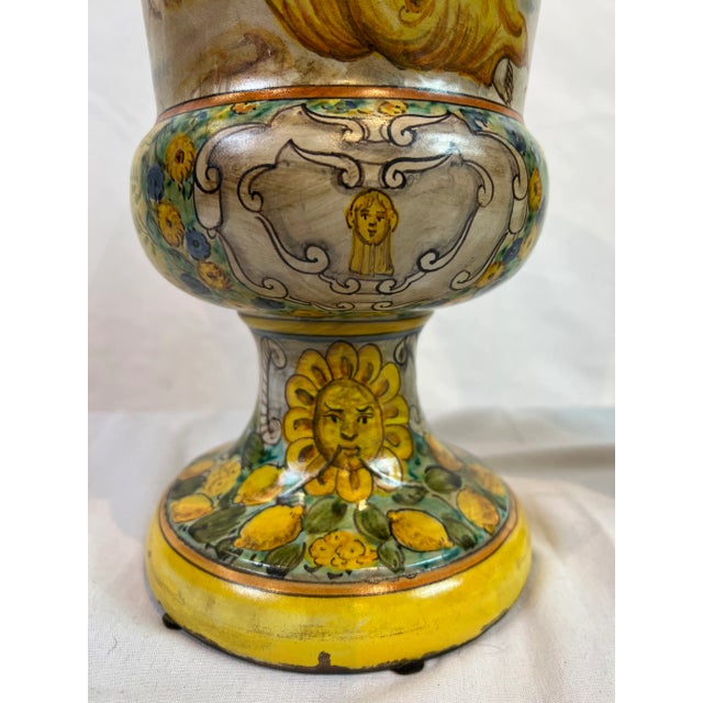 1990s Italian Ivory, Yellow & Blue Color Hand-Painted Ceramic Urns - a Pair For Sale In Dallas - Image 6 of 12