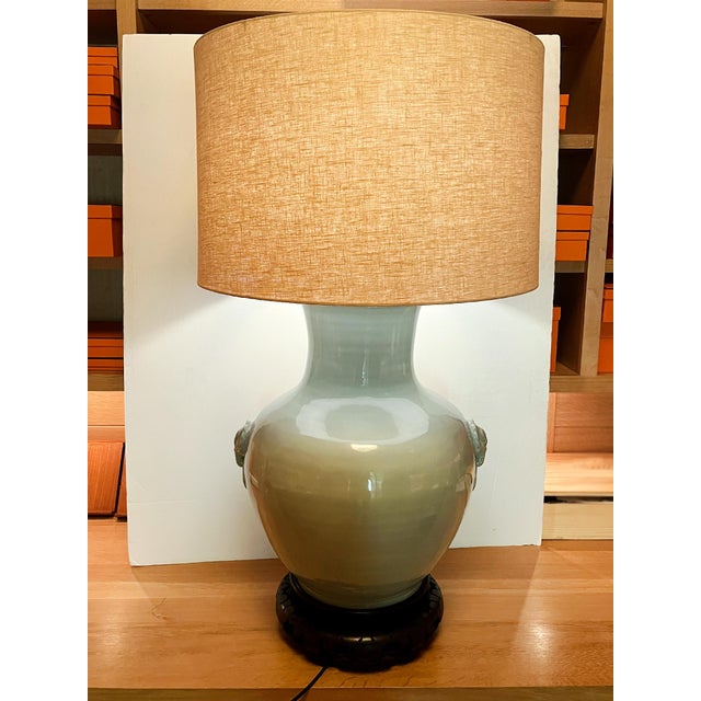 Mid 20th Century Large Celadon Green Ceramic Urn Table Lamp For Sale - Image 11 of 11