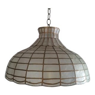 Vintage Hollywood Regency White & Brass Capiz Shell Hanging Lamp For Sale