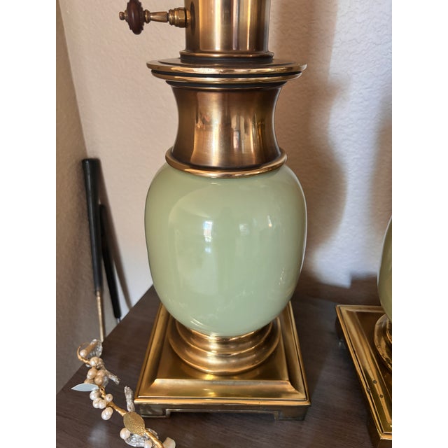 Vintage Stiffel Celadon Green Ostrich Egg Brass Torchiere Table Lamps – Pair Stunning matched pair of vintage Stiffel...