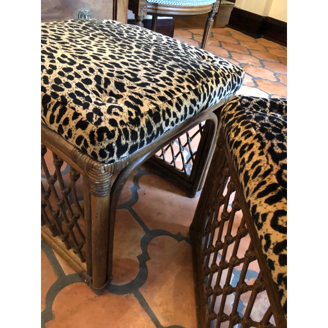 Wood Newly Upholstery Leopard Rattan Ottomans/ Stools For Sale - Image 7 of 12