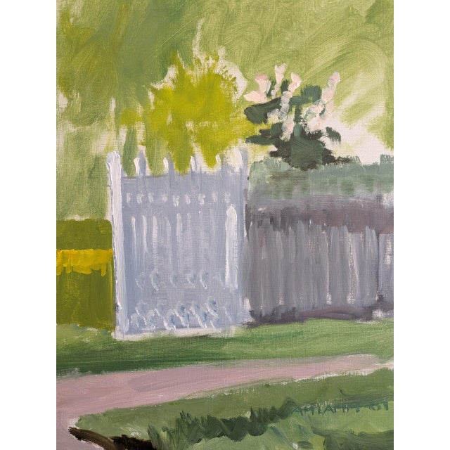 1961 Mid-Century Modern 'Garden Gate in Spring' Vintage Original Landscape Oil Painting, Framed For Sale - Image 9 of 10