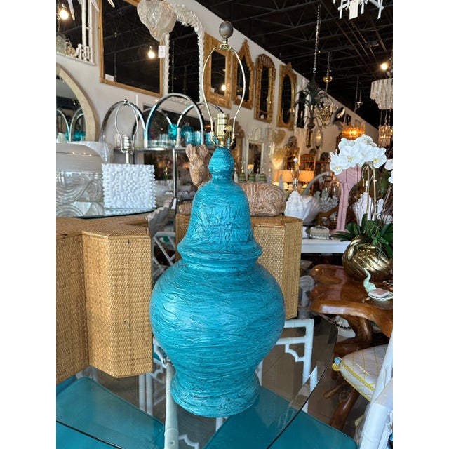 1950s Large Mid-Century Modern Blue Terracotta Pottery Table Lamp Bitossi Style For Sale - Image 5 of 12