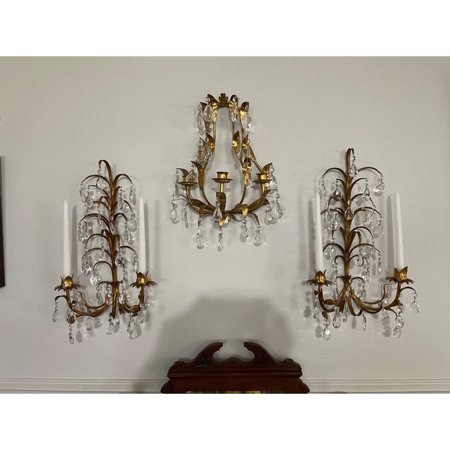 Vintage 19.5" Italian Tole and Crystals Candle Sconces - A Pair For Sale - Image 17 of 17