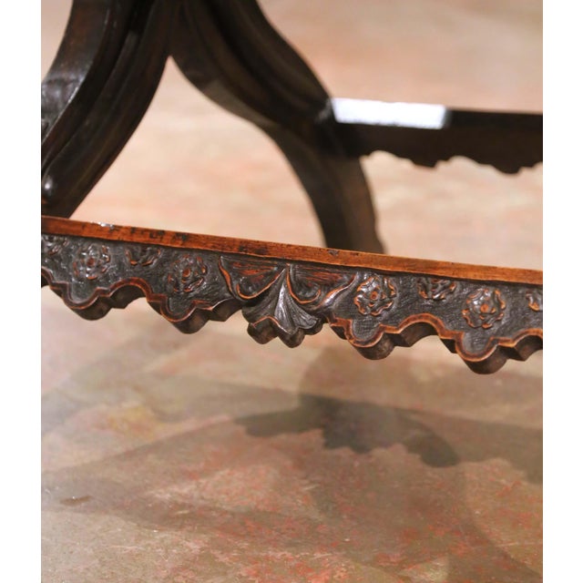 19th Century French Carved Walnut Dagobert Curule Armchair With Tooled Leather For Sale - Image 11 of 17