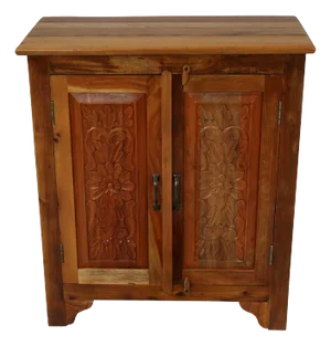 Solid Reclaimed Teak Wood Cabinet With Hand Carved Door