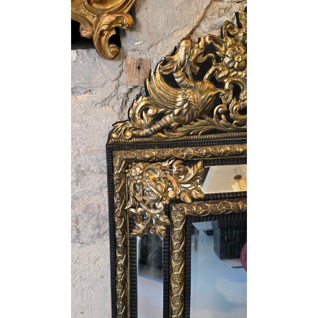 Louis XIV Style Mirror with Blackened Wood and Repoussé Gilt Metal Panels, 1870s For Sale - Image 9 of 12