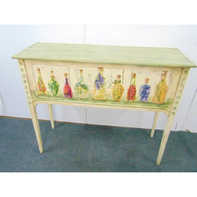 Italian Tuscan design Huntboard by Habersham, solid pine with cream and green painted finish, hand painted bottle...
