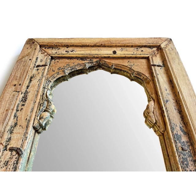 Indian Old Antique Wood Arched Window Mirror For Sale - Image 3 of 6